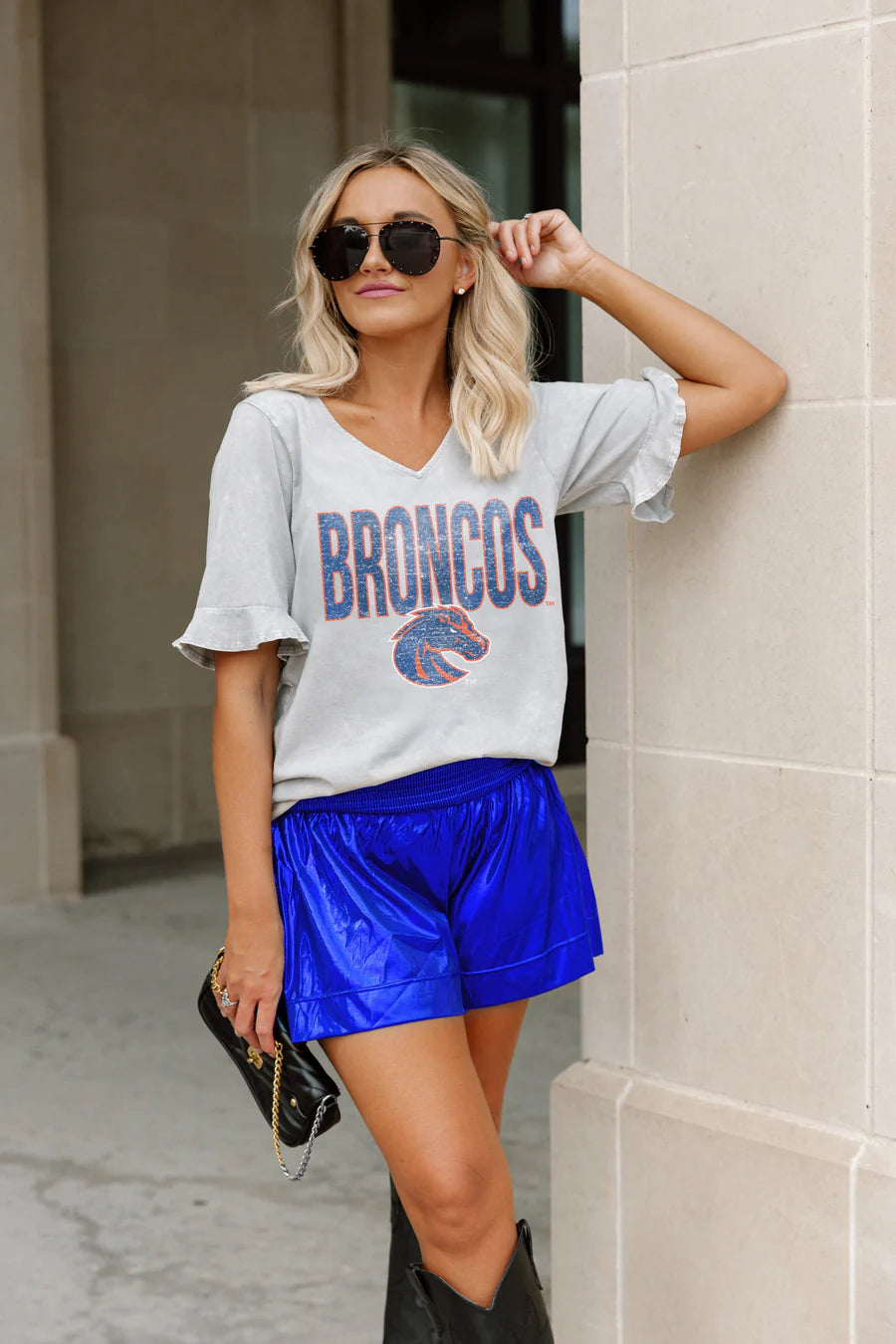 Boise State Broncos Gameday Couture Women's Ruffle Sleeve V-Neck T-Shirt (Grey)