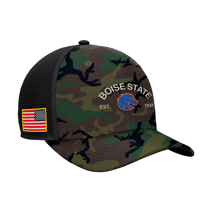 Boise State Broncos Nike 2025 Military Appreciation Rise Trucker Snapback Hat (Camo)