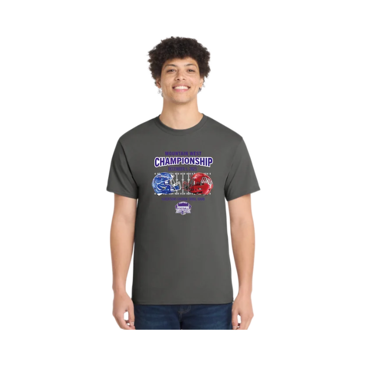 2025 Mountain West Championship Men's Dueling Helmet T-Shirt (Charcoal)