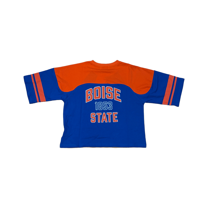 Boise State Broncos Women's Established & Co. Cropped 1/2 Sleeve Varsity T-Shirt (Blue/Orange)