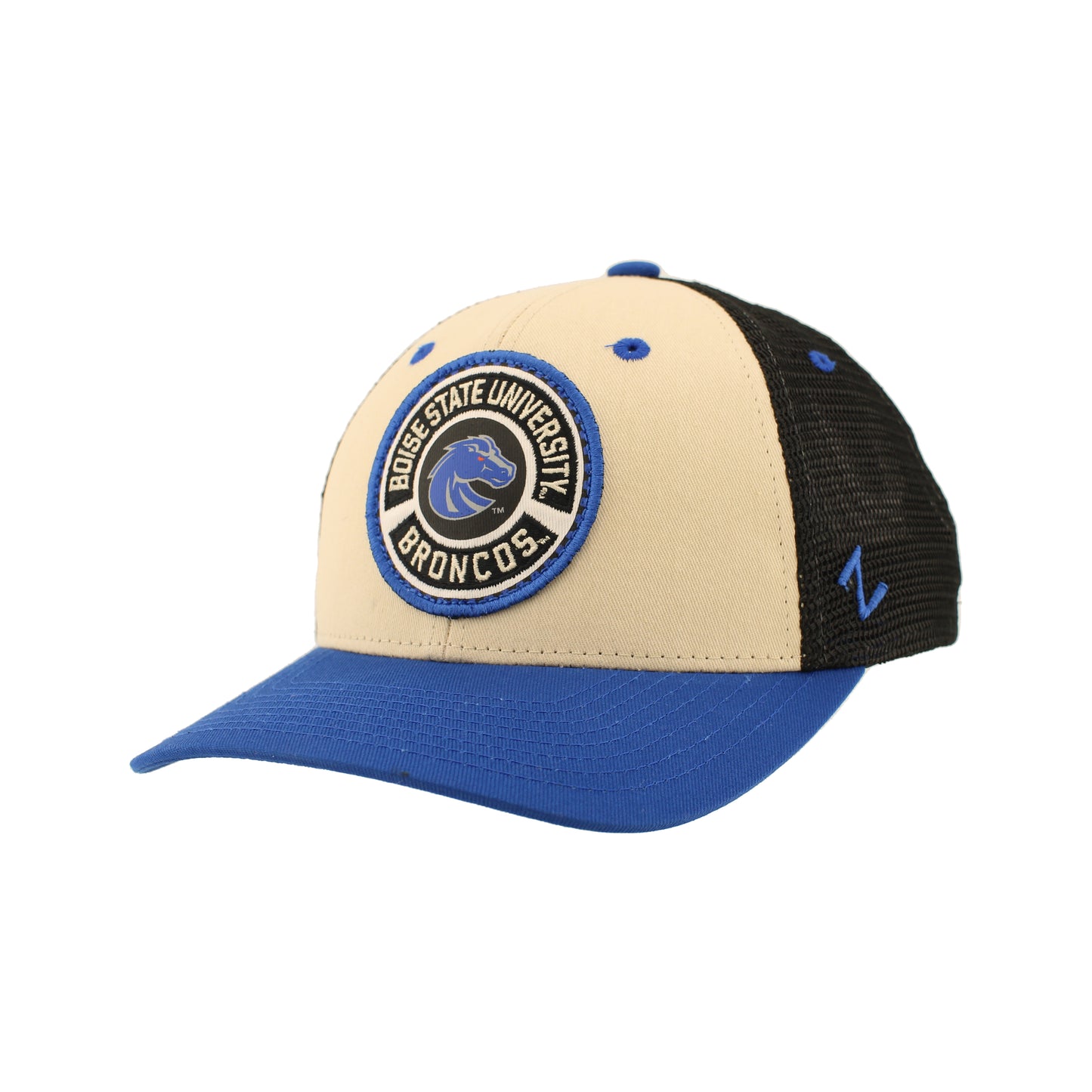 Boise State Broncos Zephyr Trucker Snapback Hat (Cream/Blue)