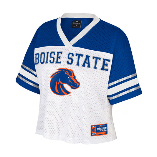 Boise State Broncos Colosseum Women's Crop Top Retro Football Fan Jersey (White/Blue)