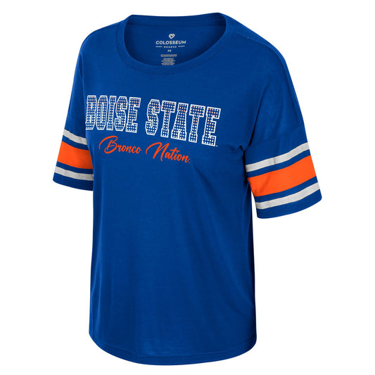 Boise State Broncos Colosseum Women's Rhinestone 1/2 Sleeve T-Shirt (Blue)