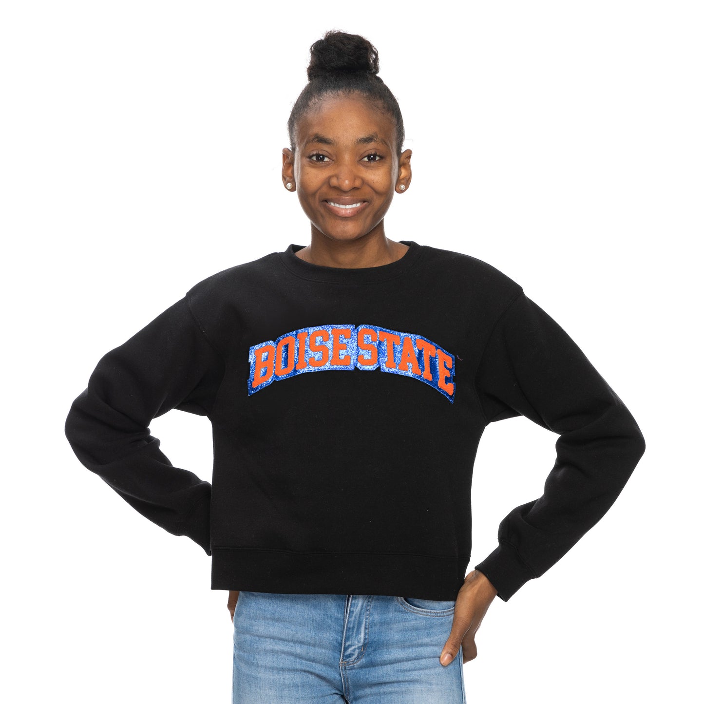 Boise State Broncos ZooZatz Women's Cropped Glitter Crewneck Sweatshirt (Black)