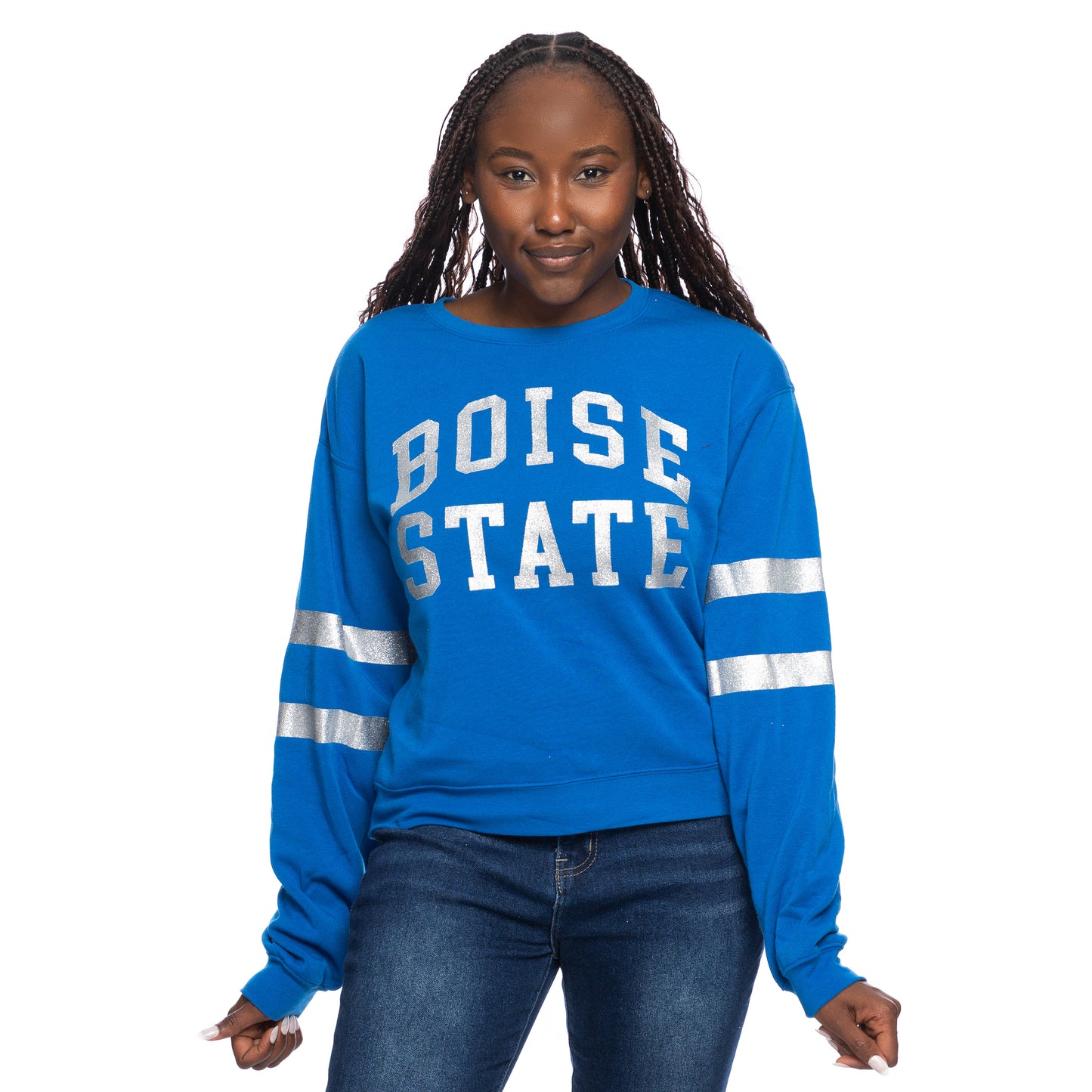 Boise State Broncos ZooZatz Women's Cropped Striped Glitter Crewneck Sweatshirt (Blue)