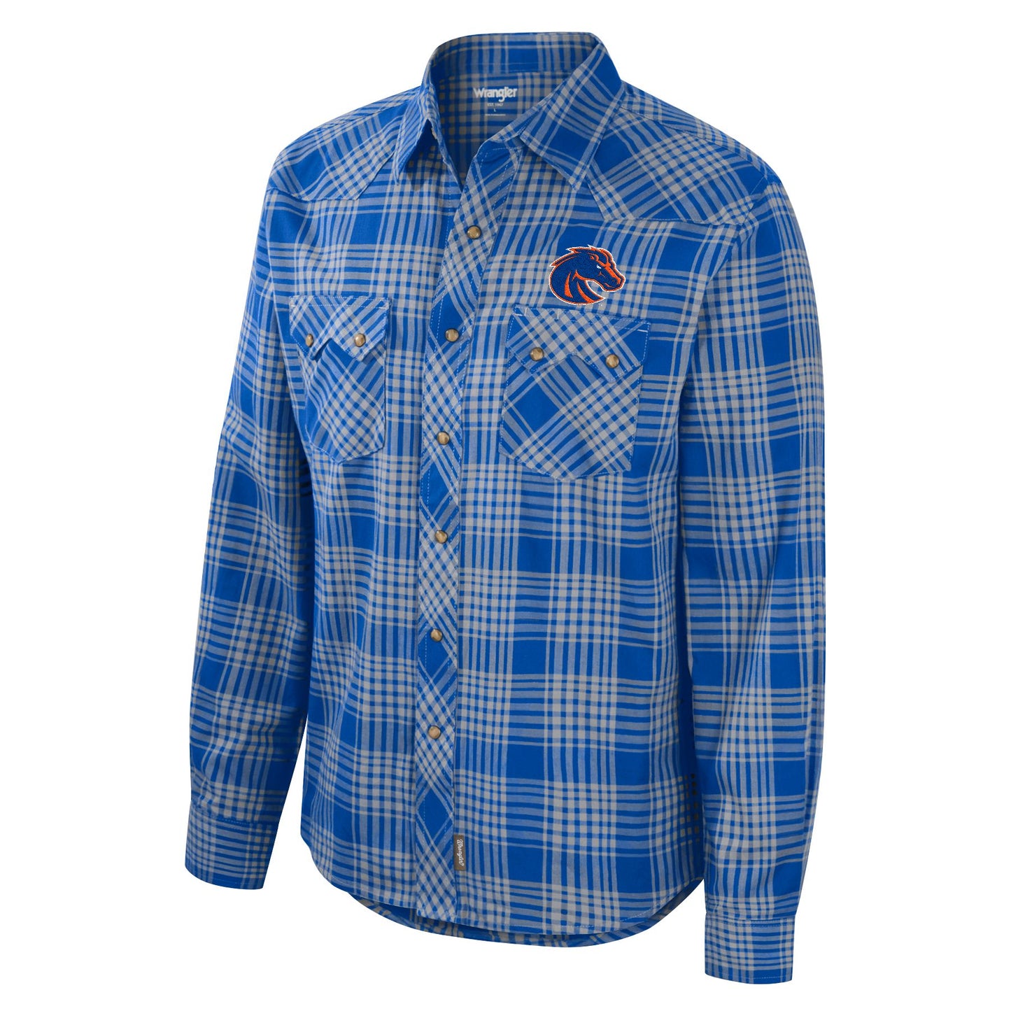 Boise State Broncos Wrangler Men's Plaid Long Sleeve Snap Up Shirt (Blue)