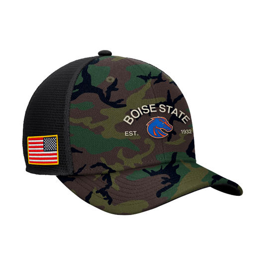 Boise State Broncos Nike 2025 Military Appreciation Rise Trucker Snapback Hat (Camo)