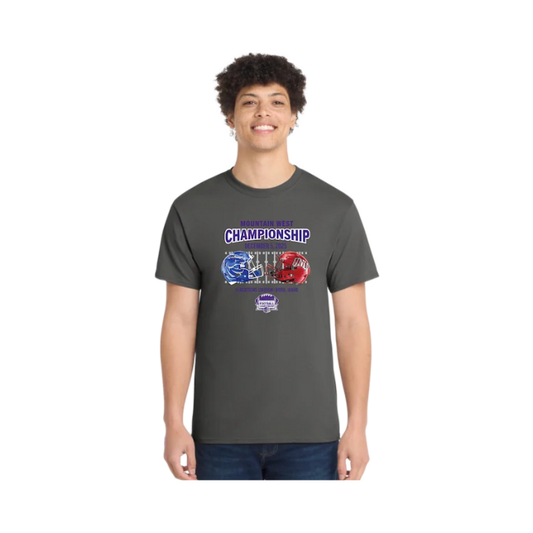 2025 Mountain West Championship Men's Dueling Helmet T-Shirt (Charcoal)