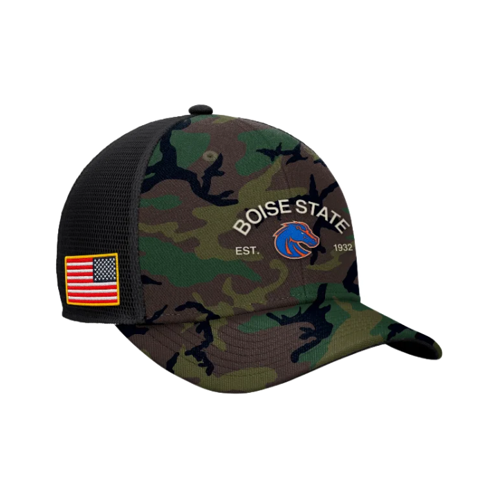 Boise State Broncos Nike 2025 Military Appreciation Rise Snapback Trucker Hat (Camo)
