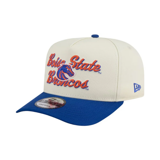 Boise State Broncos New Era Cursive 9Fifty A-Frame Snapback Hat (Cream/Blue)